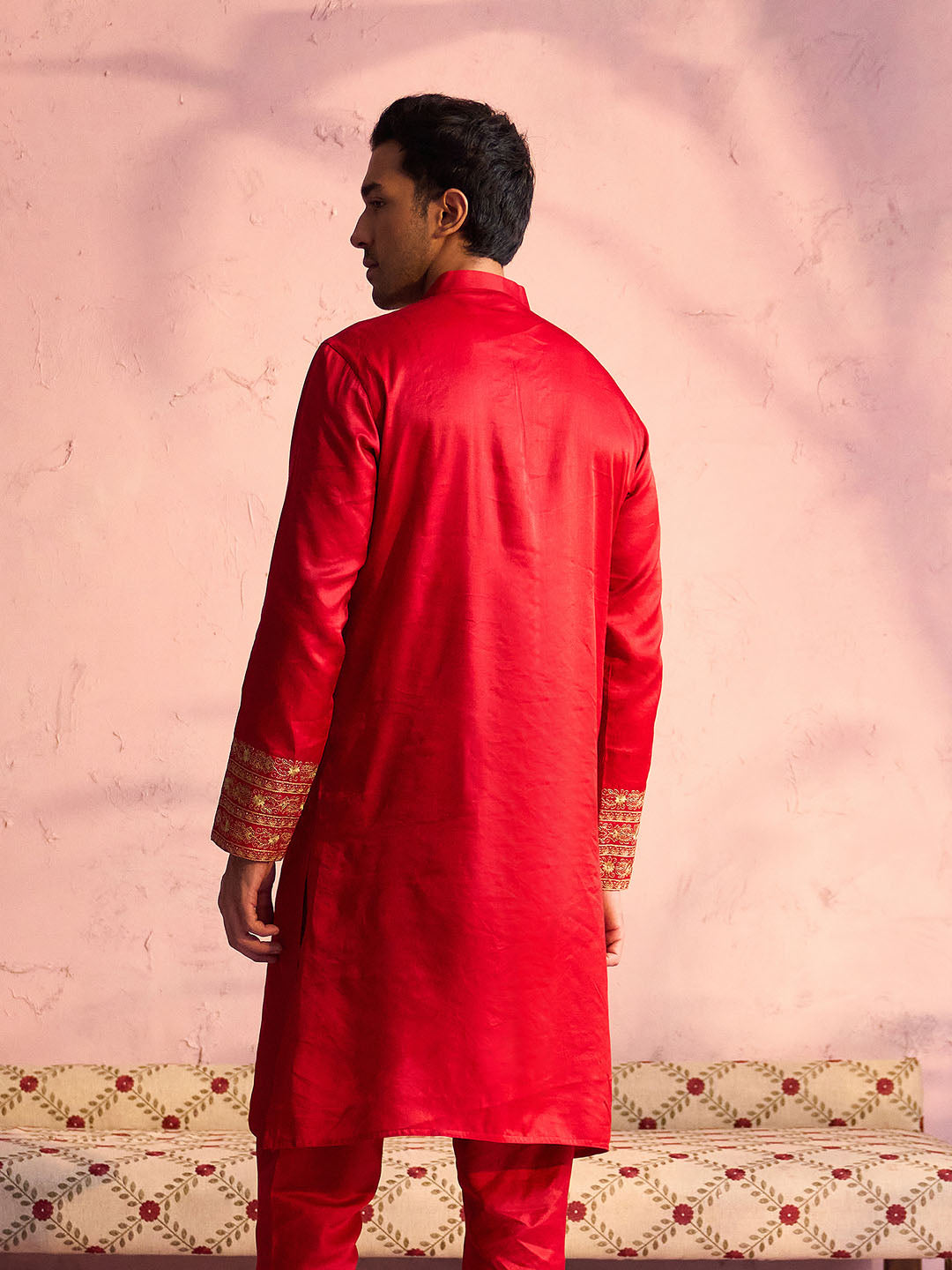 SHRESTHA By VASTRAMAY Men's Red Silk Blend Embroidered Ethnic Kurta