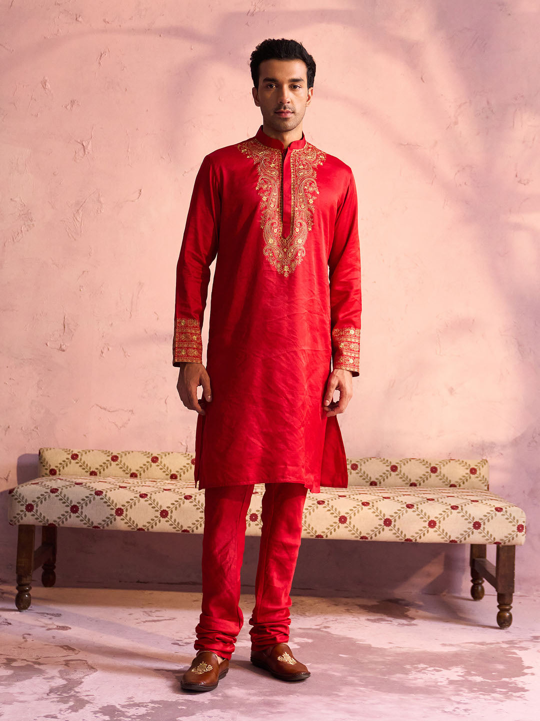 SHRESTHA By VASTRAMAY Men's Red Silk Blend Embroidered Ethnic Kurta