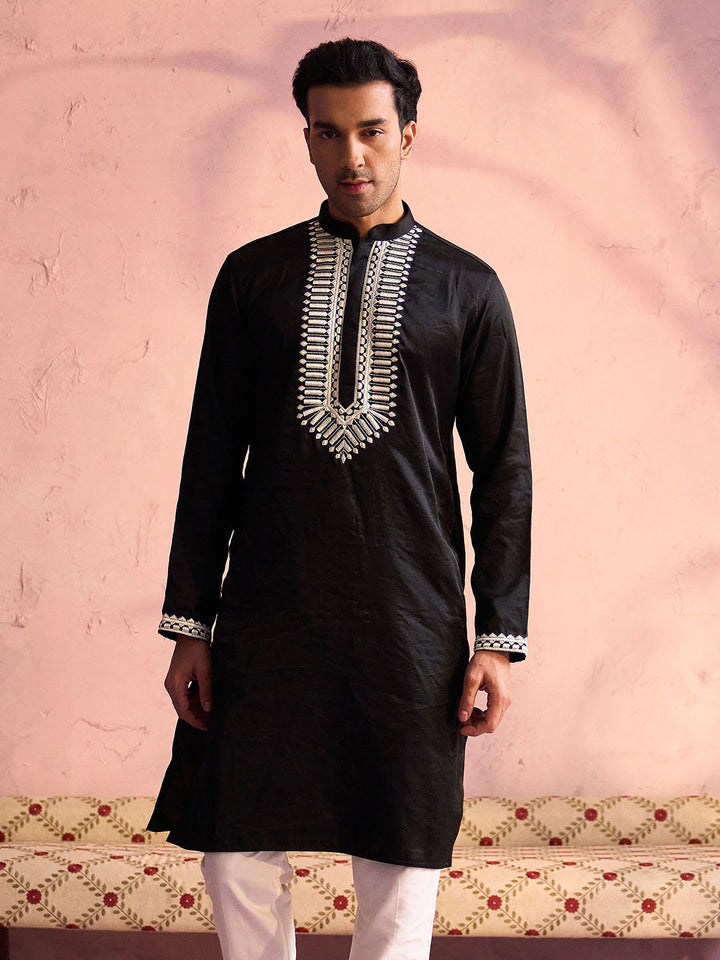 SHRESTHA BY VASTRAMAY Men's Black Silk Machine Embroidered Kurta