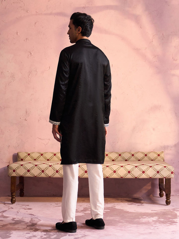 Vastramay Men's Black Silk Machine Embroidered Kurta Pyjama