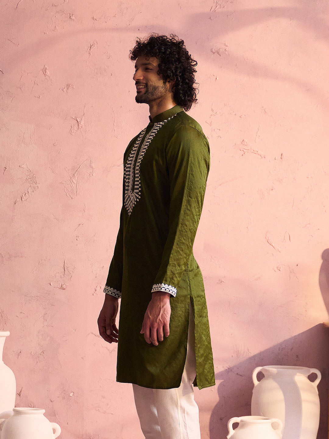 SHRESTHA BY VASTRAMAY Men's Mint Green Silk Machine Embroidered Kurta