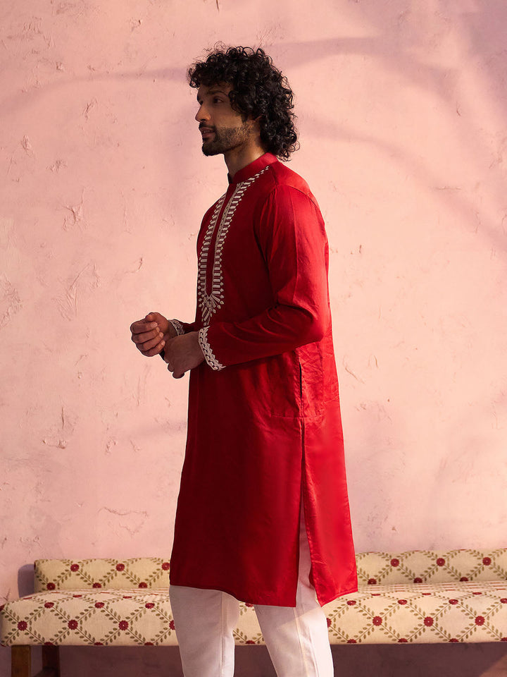 SHRESTHA BY VASTRAMAY Men's Red Silk Machine Embroidered Kurta