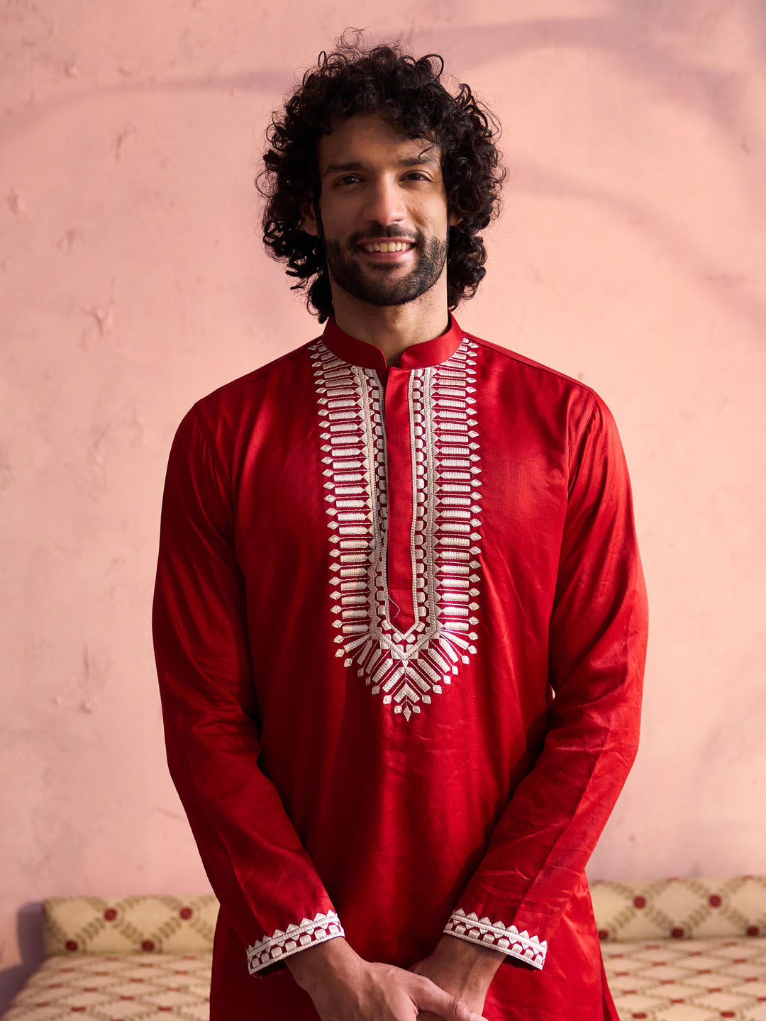 SHRESTHA BY VASTRAMAY Men's Red Silk Machine Embroidered Kurta