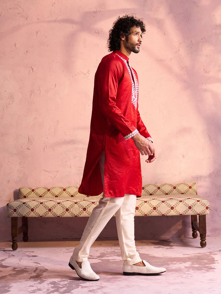 Vastramay Men's Red Silk Blend Machine Embroidered Kurta Pyjama