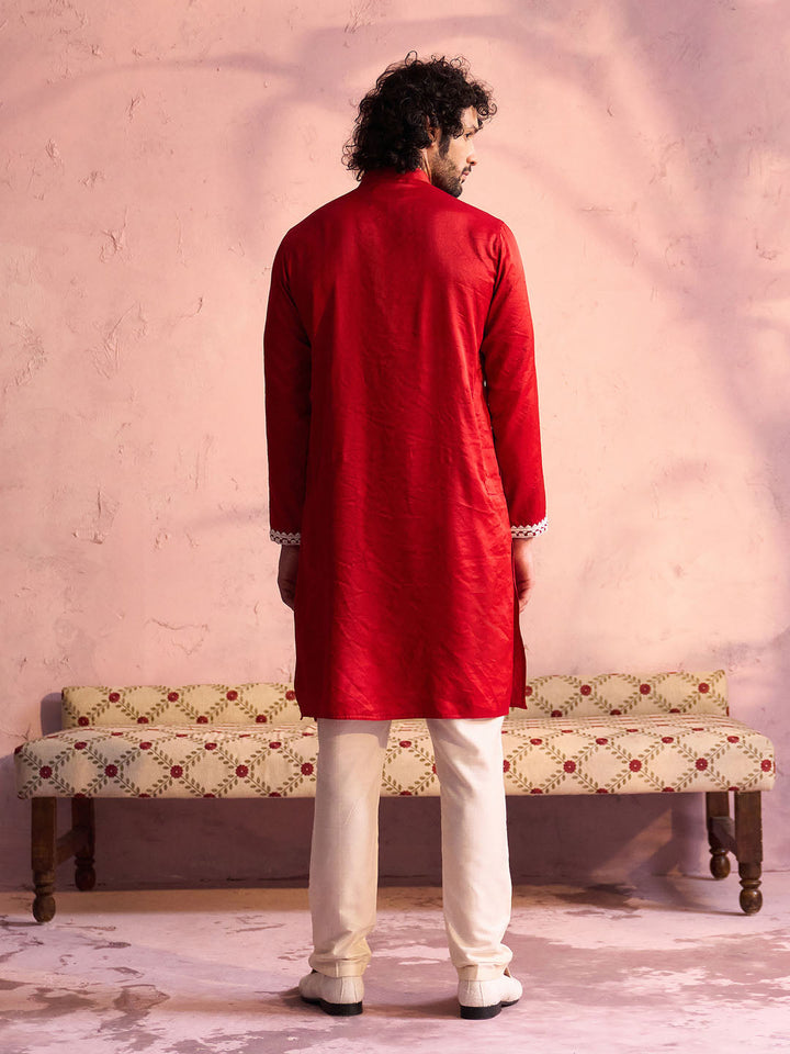 Vastramay Men's Red Silk Blend Machine Embroidered Kurta Pyjama