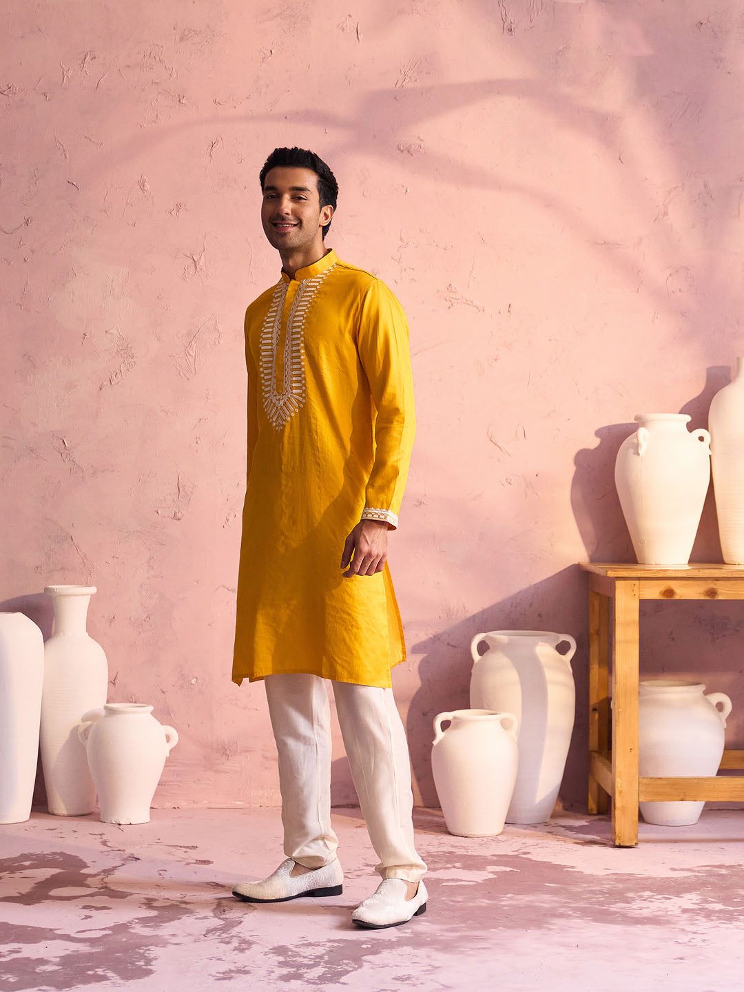 Vastramay Men's Yellow Silk Machine Embroidered Kurta Pyjama