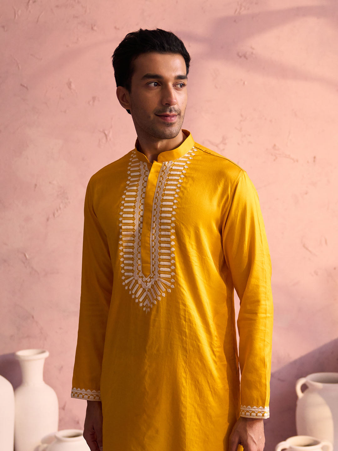 Vastramay Men's Yellow Silk Machine Embroidered Kurta Pyjama