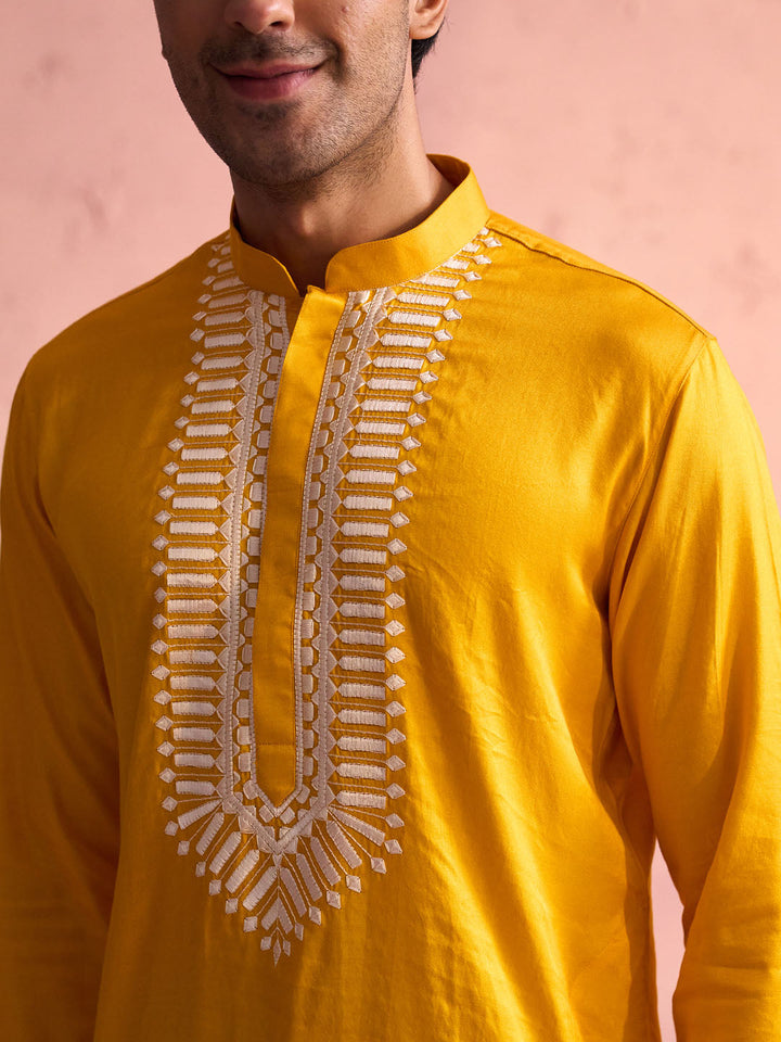 Vastramay Men's Yellow Silk Machine Embroidered Kurta Pyjama