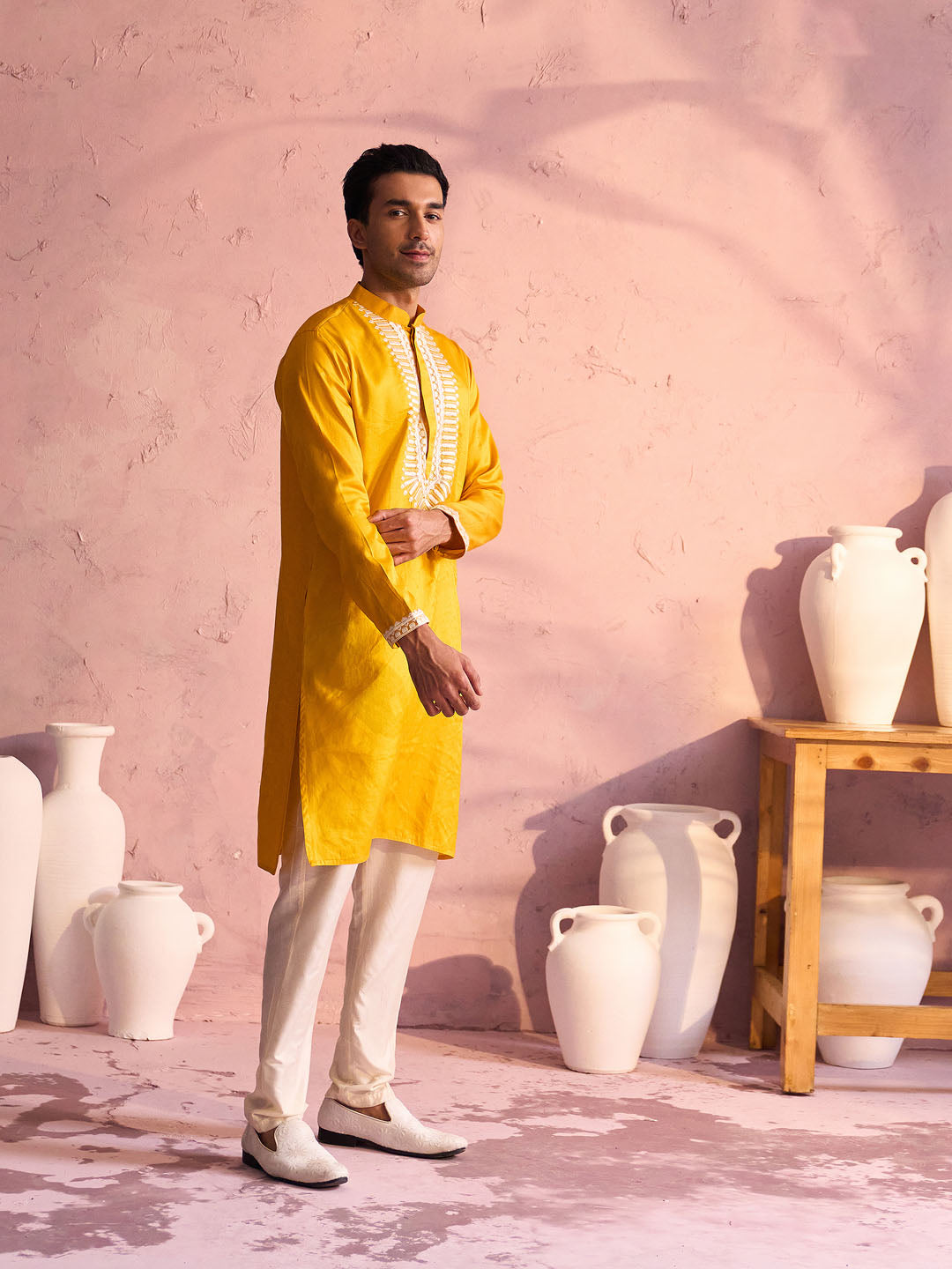 Vastramay Men's Yellow Silk Machine Embroidered Kurta Pyjama