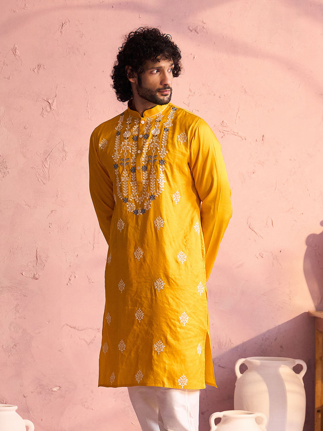 Vastramay Men's Yellow Embroidered Silk Kurta