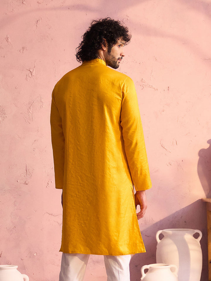 Vastramay Men's Yellow Embroidered Silk Kurta