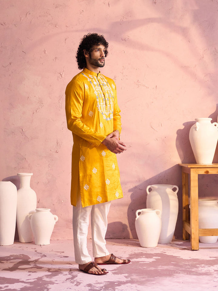 Vastramay Men's Yellow Embroidered Silk Kurta Pyjama Set