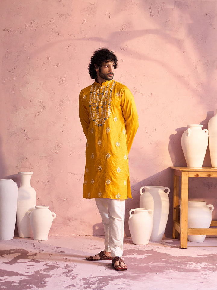 Vastramay Men's Yellow Embroidered Silk Kurta Pyjama Set