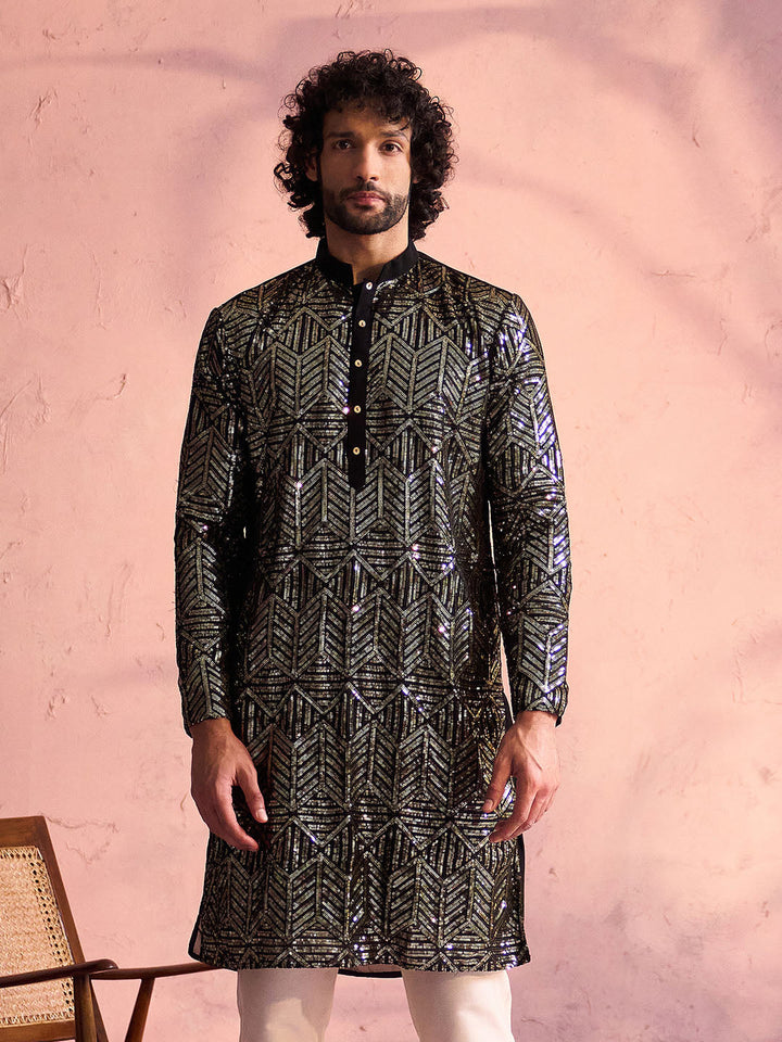 SHRESTHA BY VASTRAMAY Men's Black Georgette Embellished Kurta