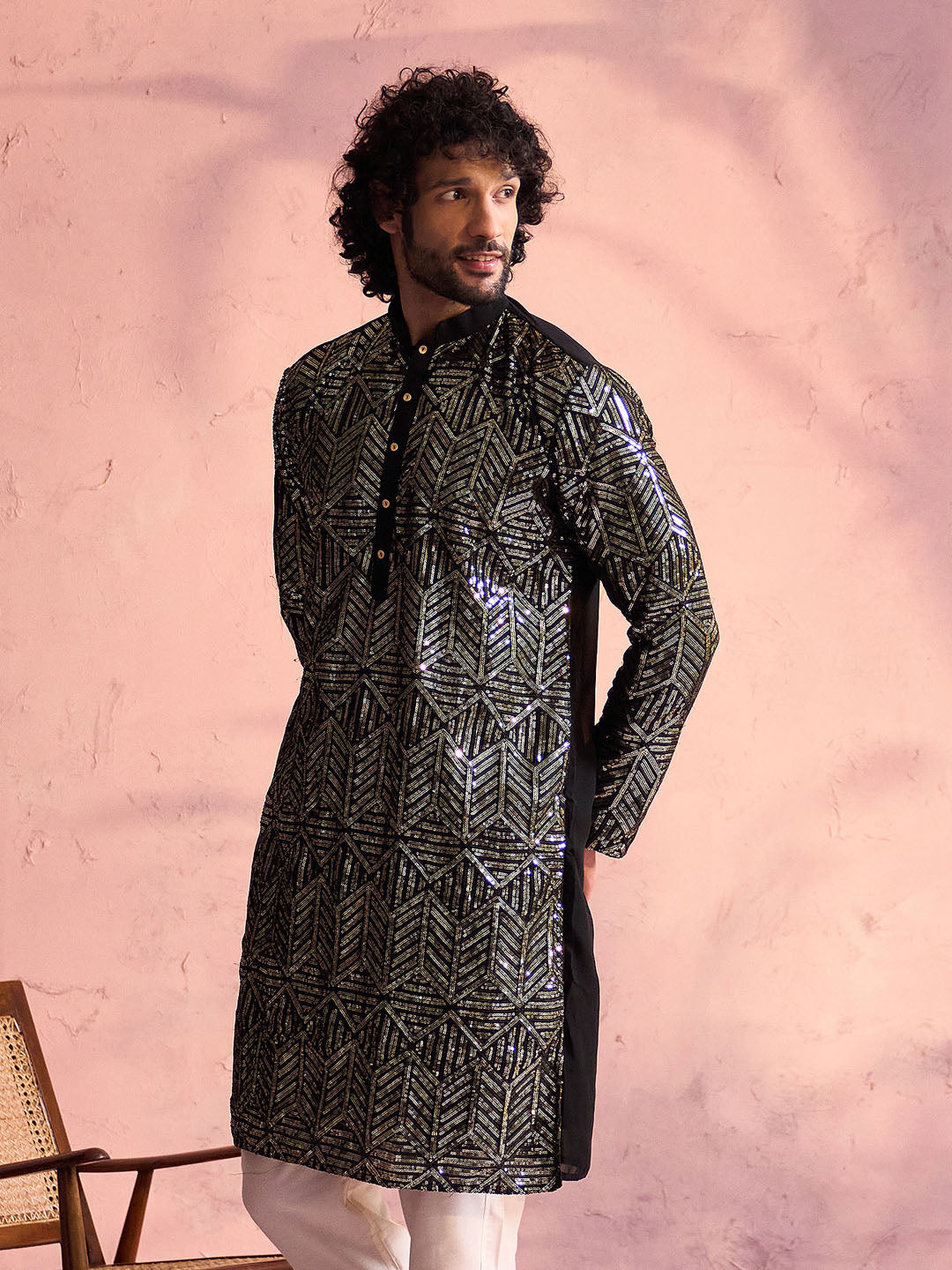 SHRESTHA BY VASTRAMAY Men's Black Georgette Embellished Kurta