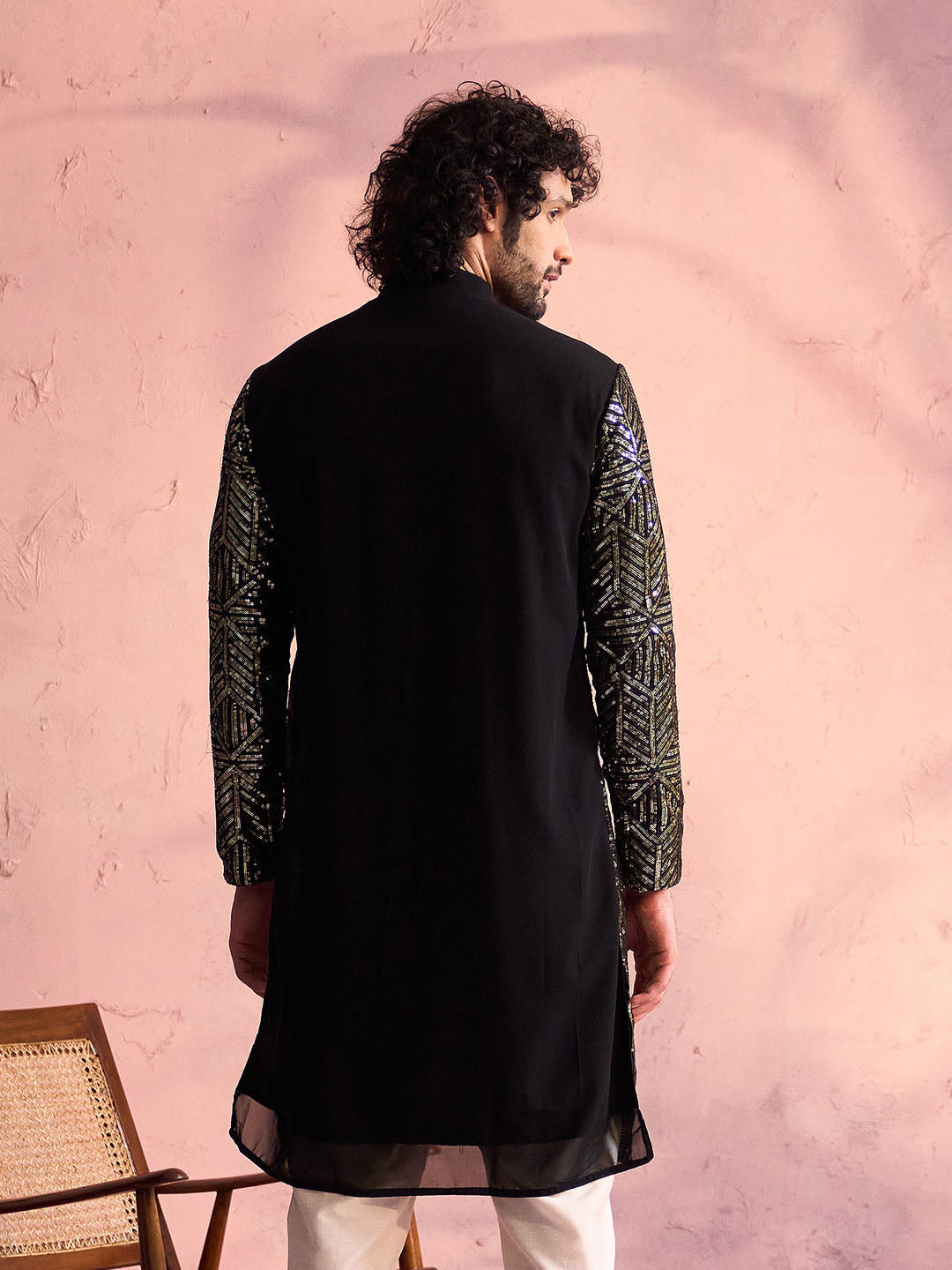 SHRESTHA BY VASTRAMAY Men's Black Georgette Embellished Kurta