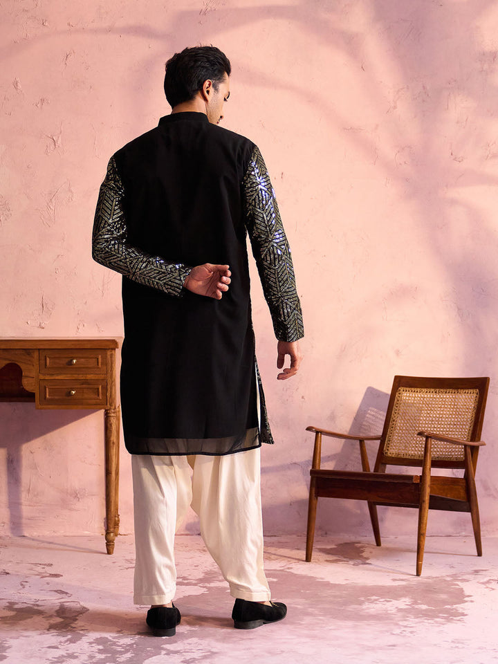 Vastramay Men's Black Georgette Embellished Kurta Patiala Set