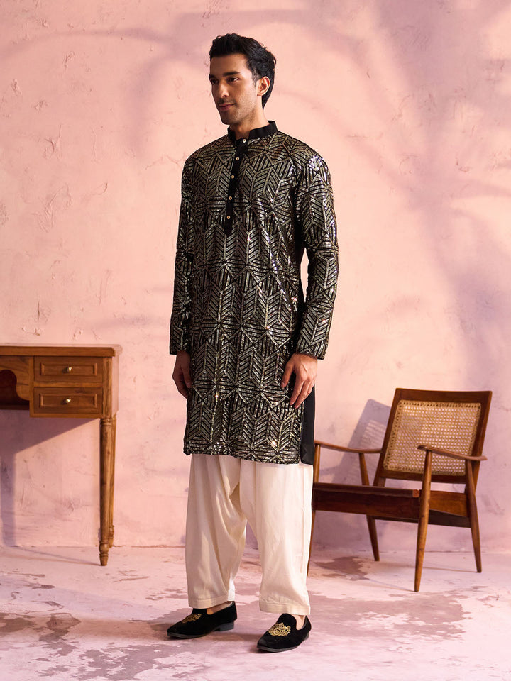 Vastramay Men's Black Georgette Embellished Kurta Patiala Set