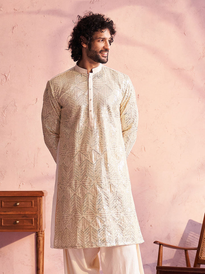 SHRESTHA BY VASTRAMAY Men's Cream Georgette Embellished Kurta