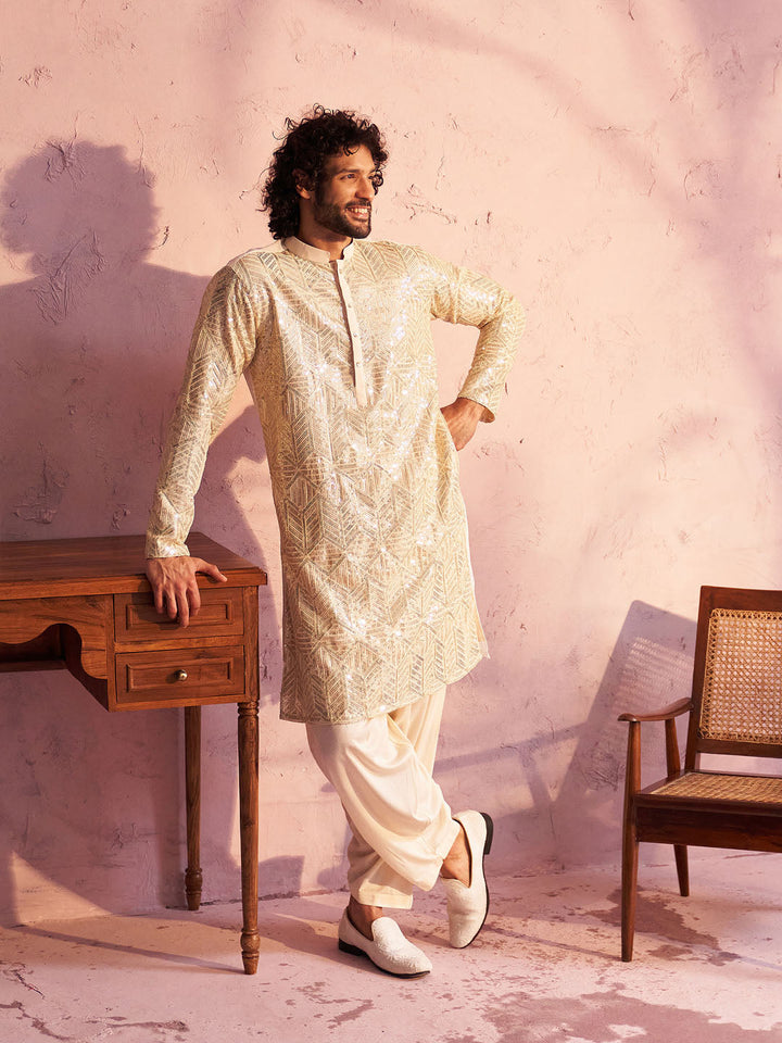 SHRESTHA BY VASTRAMAY Men's Cream Georgette Embellished Kurta