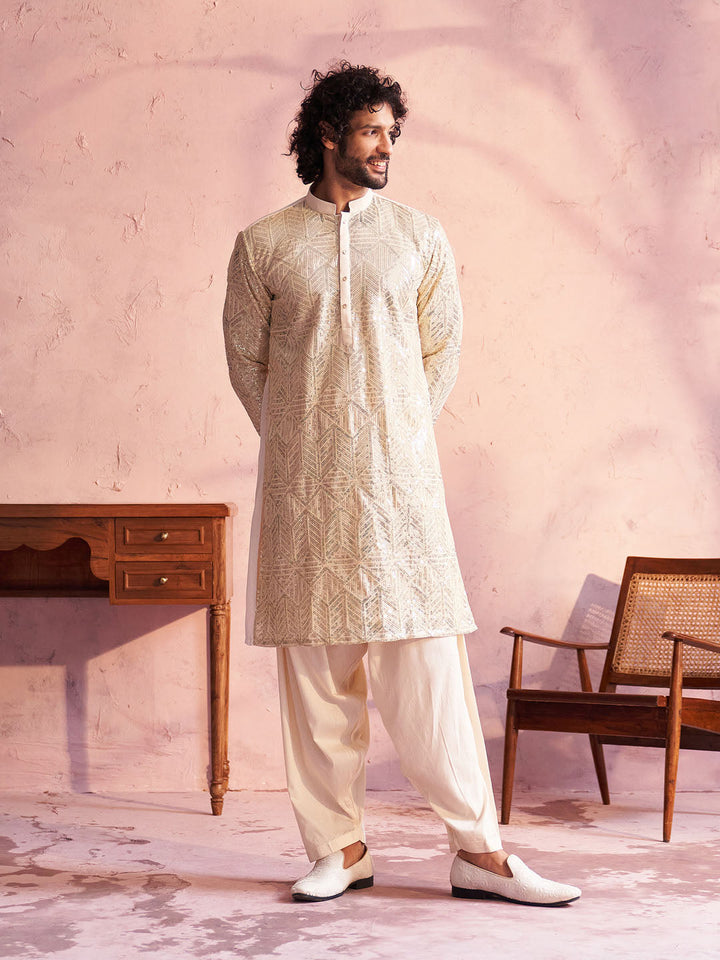 Vastramay Men's Cream Georgette Embellished Kurta Patiala Set