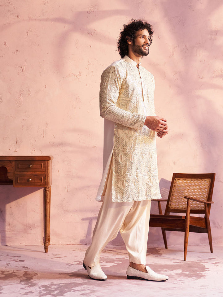 Vastramay Men's Cream Georgette Embellished Kurta Patiala Set