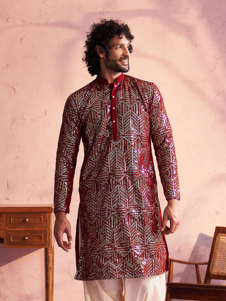 SHRESTHA BY VASTRAMAY Men's Maroon Georgette Embellished Kurta