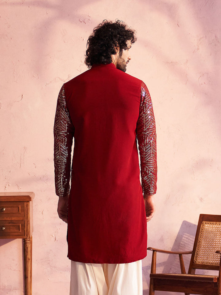 SHRESTHA BY VASTRAMAY Men's Maroon Georgette Embellished Kurta