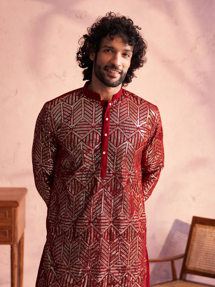 SHRESTHA BY VASTRAMAY Men's Maroon Georgette Embellished Kurta