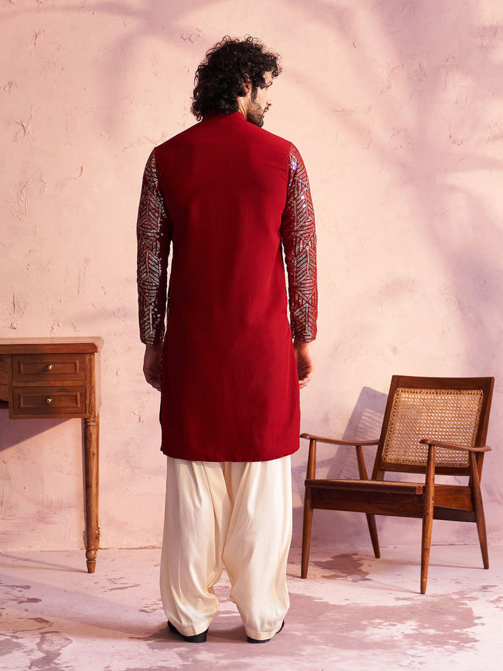 Vastramay Men's Maroon Georgette Embellished Kurta Patiala Set