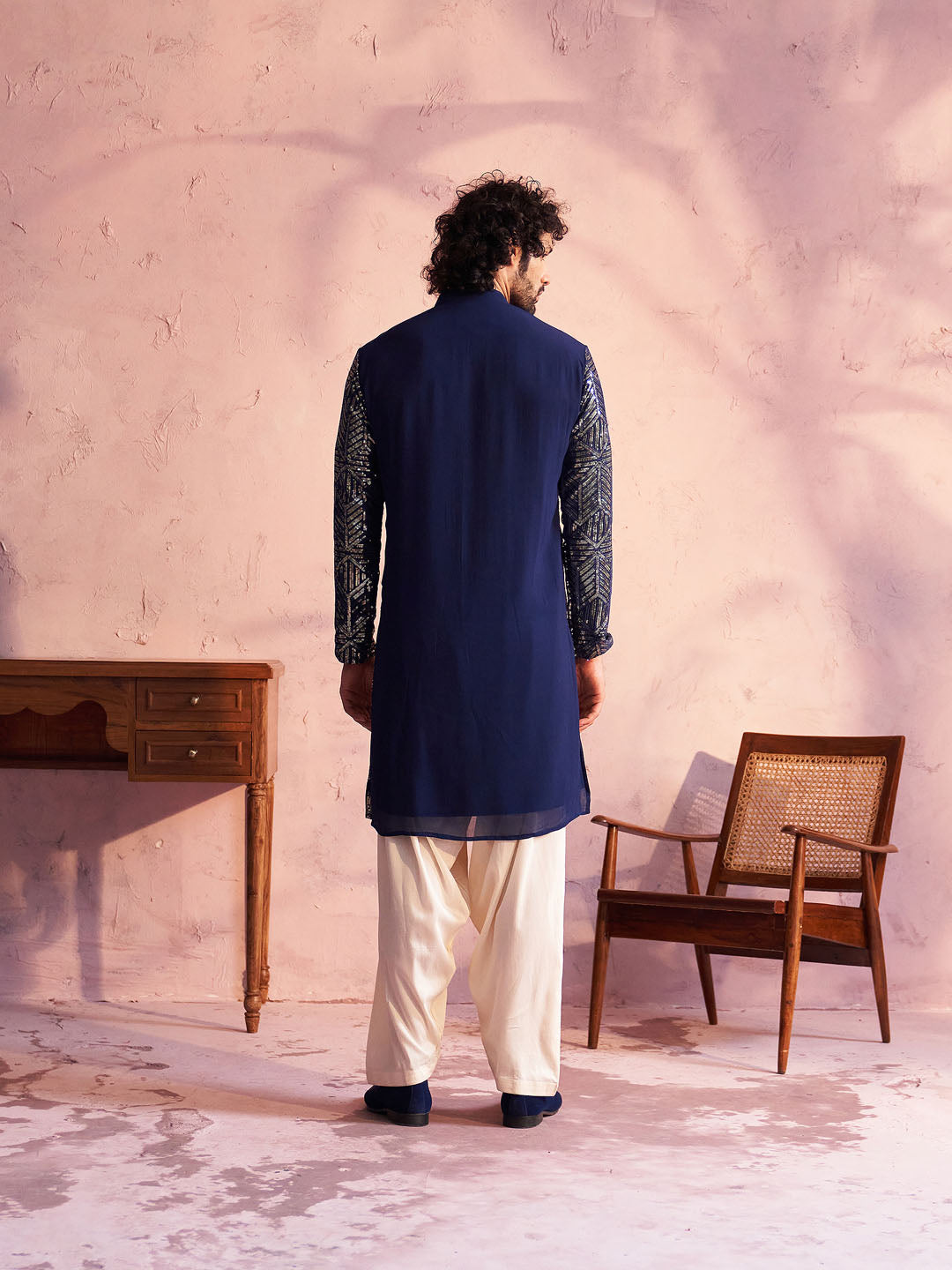 Vastramay Men's Navy Blue Georgette Embellished Kurta Patiala Set