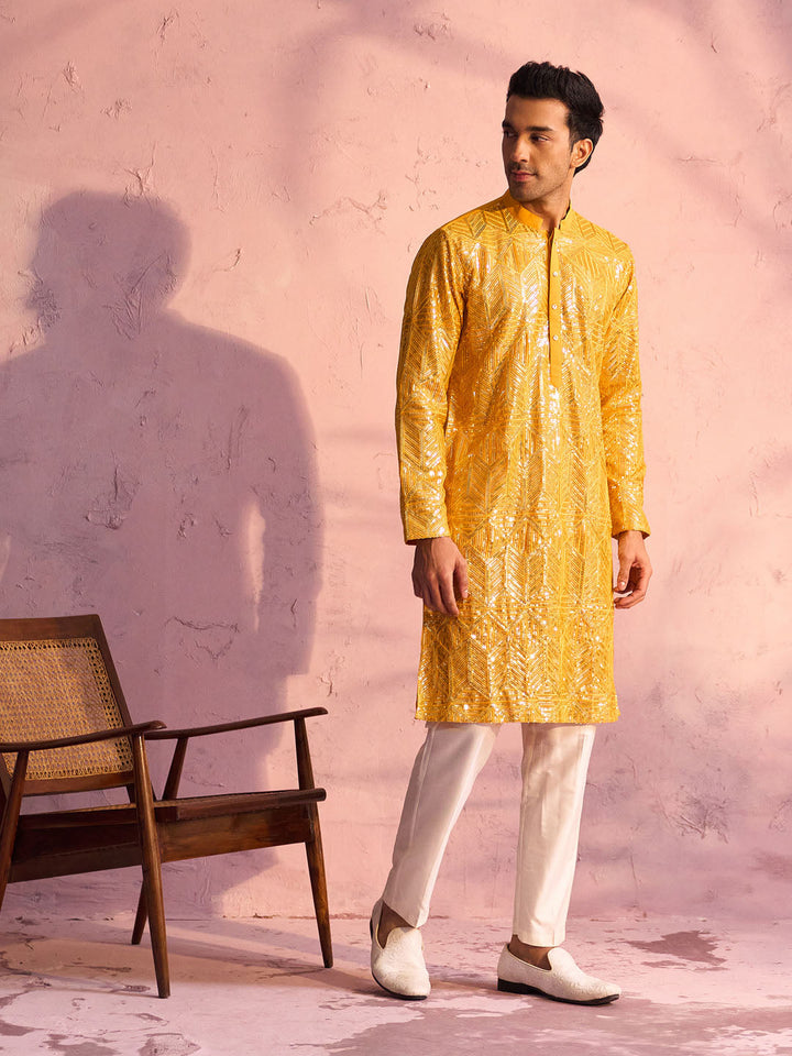 Vastramay Men's Yellow Georgette Embellished Kurta Pant Set