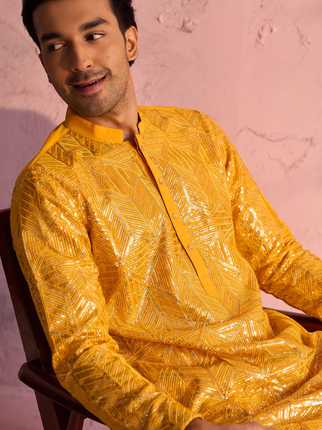 Vastramay Men's Yellow Georgette Embellished Kurta Pant Set