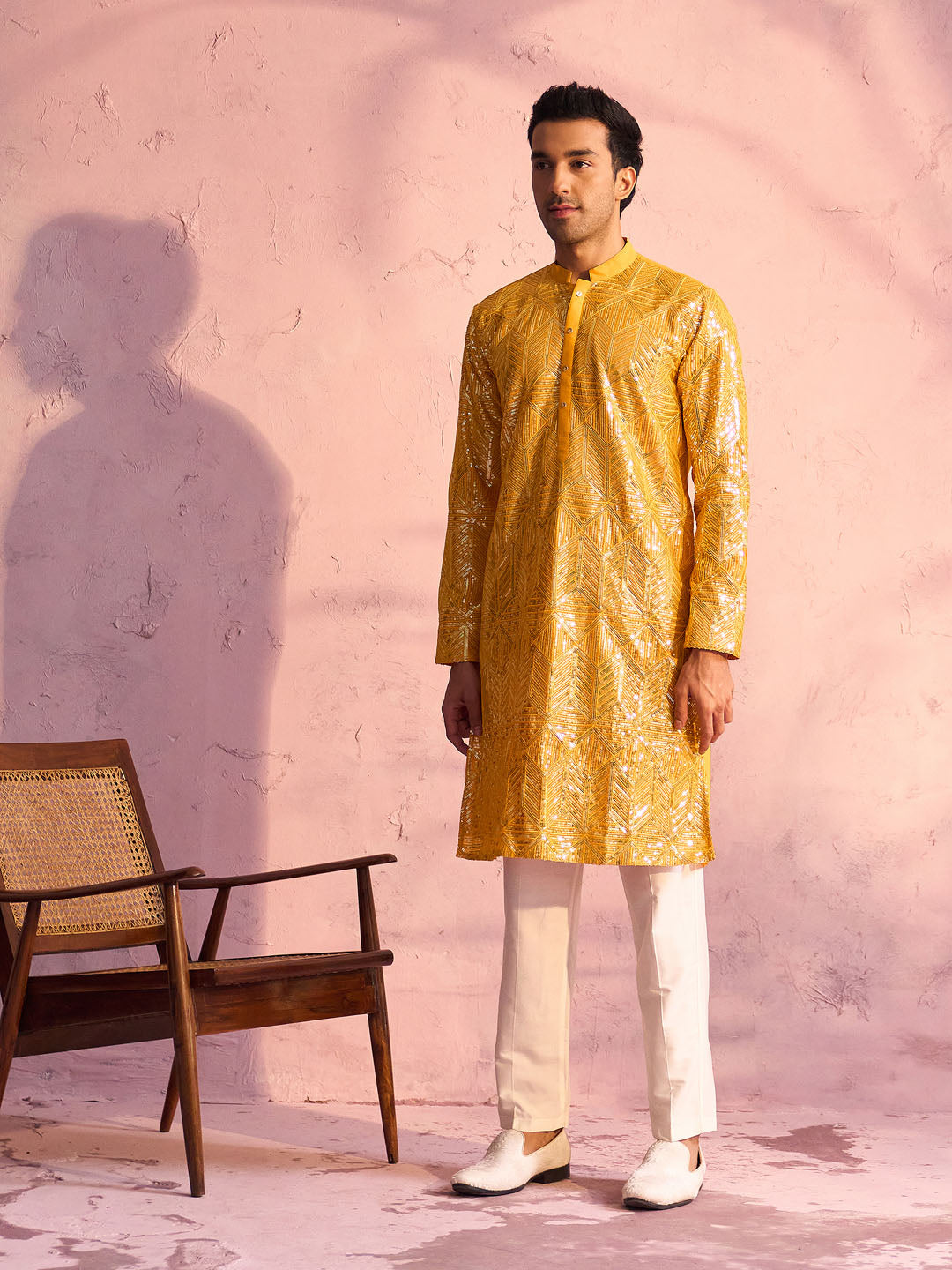 Vastramay Men's Yellow Georgette Embellished Kurta Pant Set