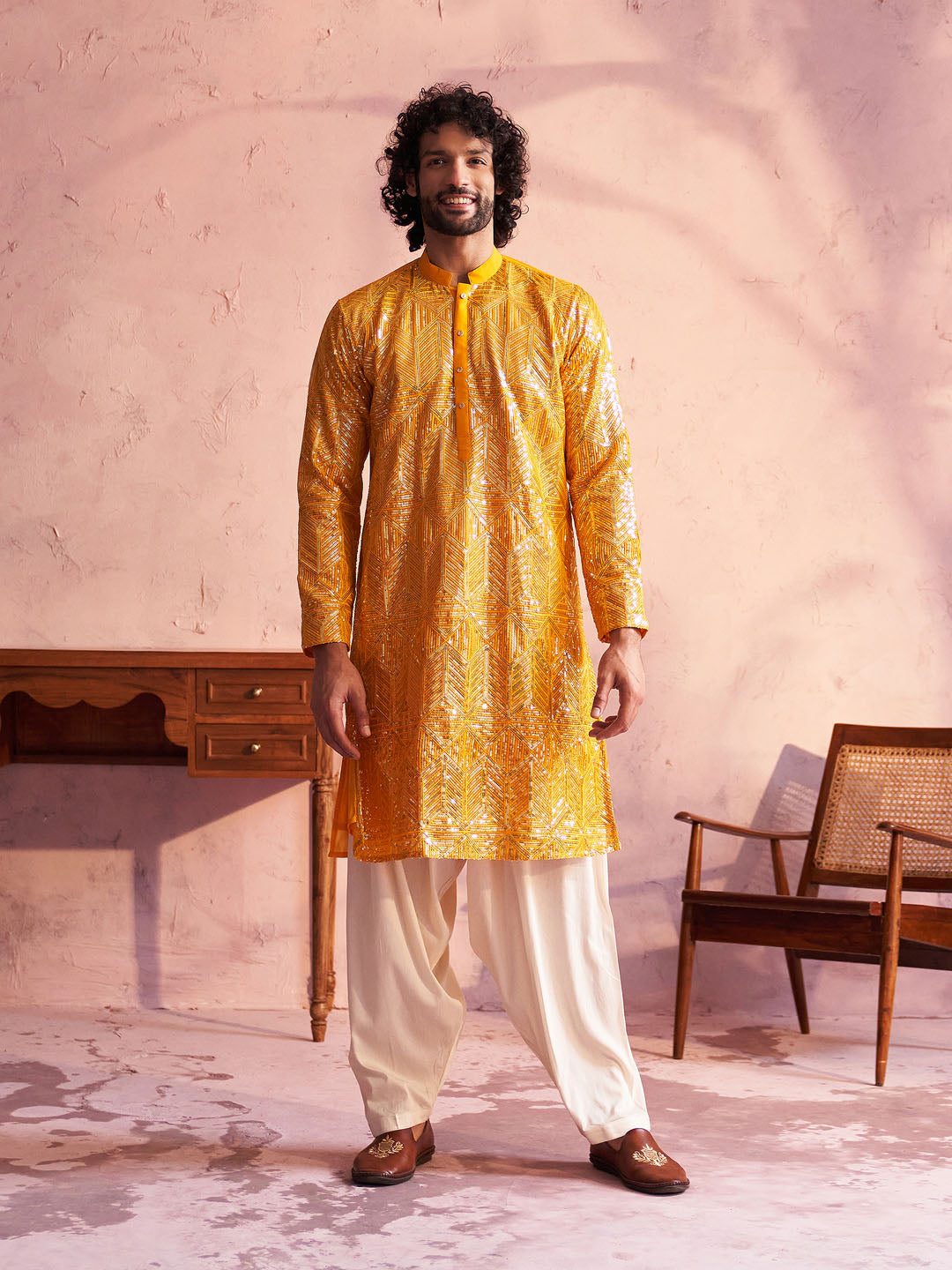 Vastramay Men's Yellow Georgette Embellished Kurta Patiala Set