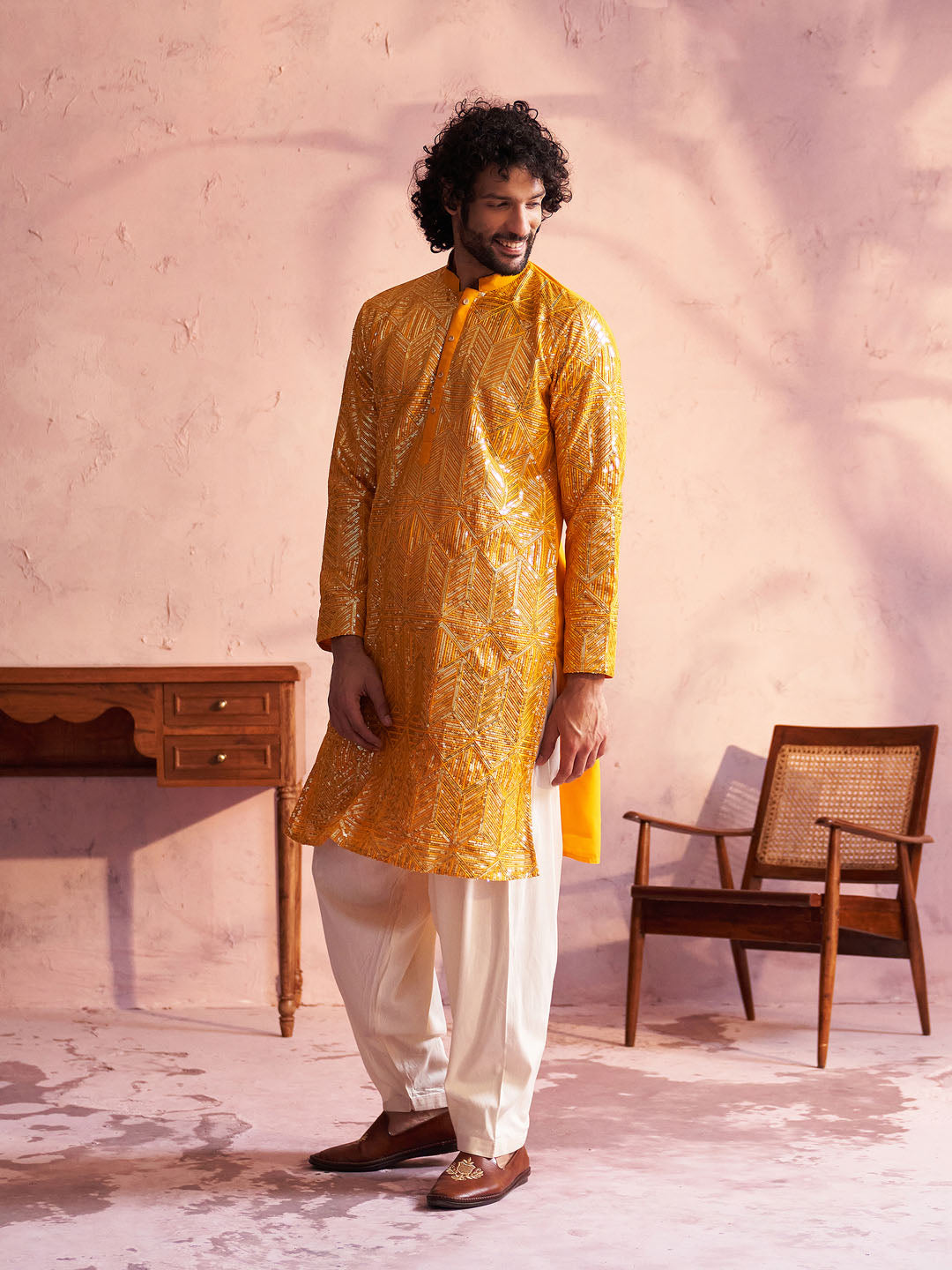 Vastramay Men's Yellow Georgette Embellished Kurta Patiala Set