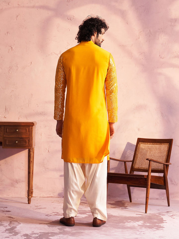 Vastramay Men's Yellow Georgette Embellished Kurta Patiala Set