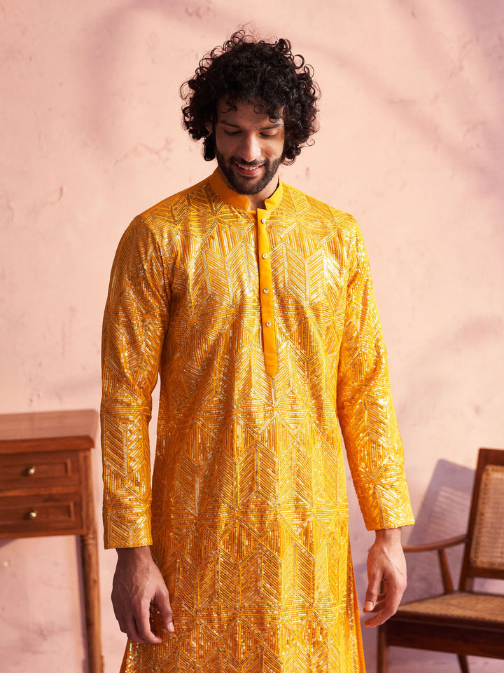 Vastramay Men's Yellow Georgette Embellished Kurta Patiala Set