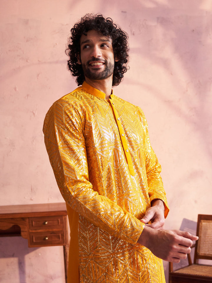 Vastramay Men's Yellow Georgette Embellished Kurta Patiala Set