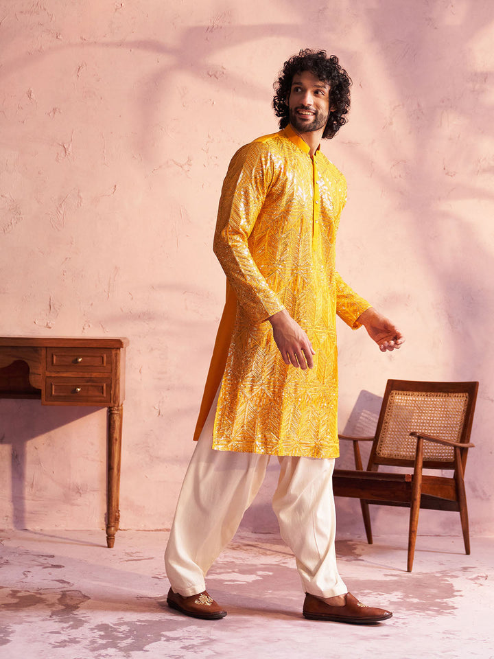 Vastramay Men's Yellow Georgette Embellished Kurta Patiala Set