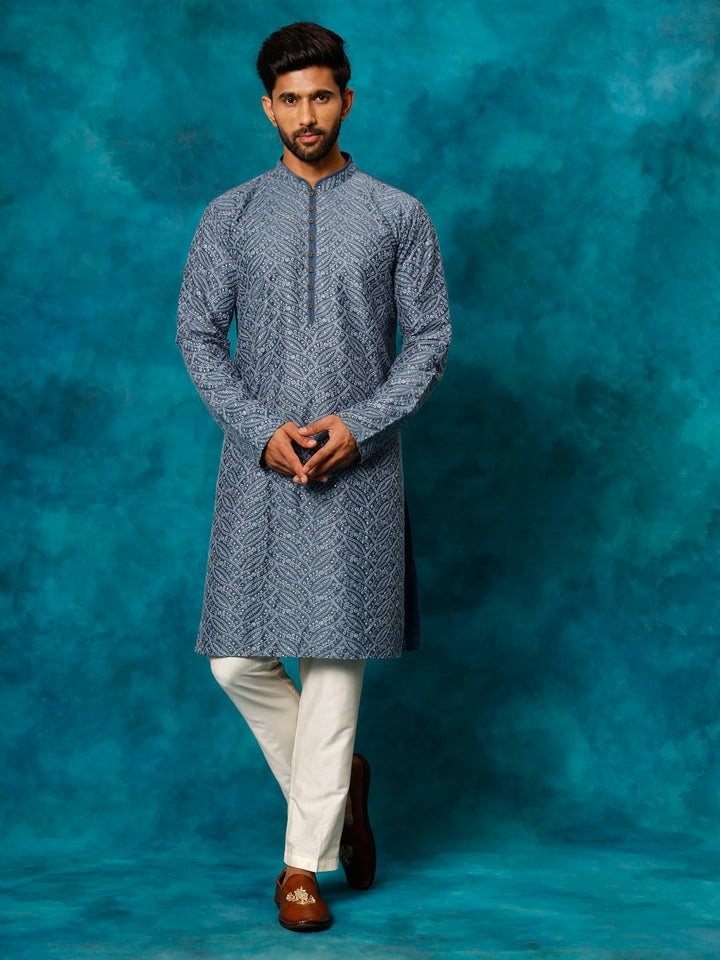 Vastramay Men's Grey Cotton Schiflli Kurta Pant Set