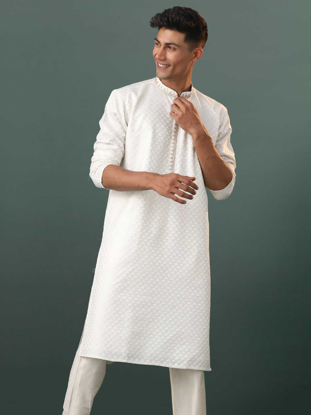 Men's Cream Embroidered Cotton Blend Kurta