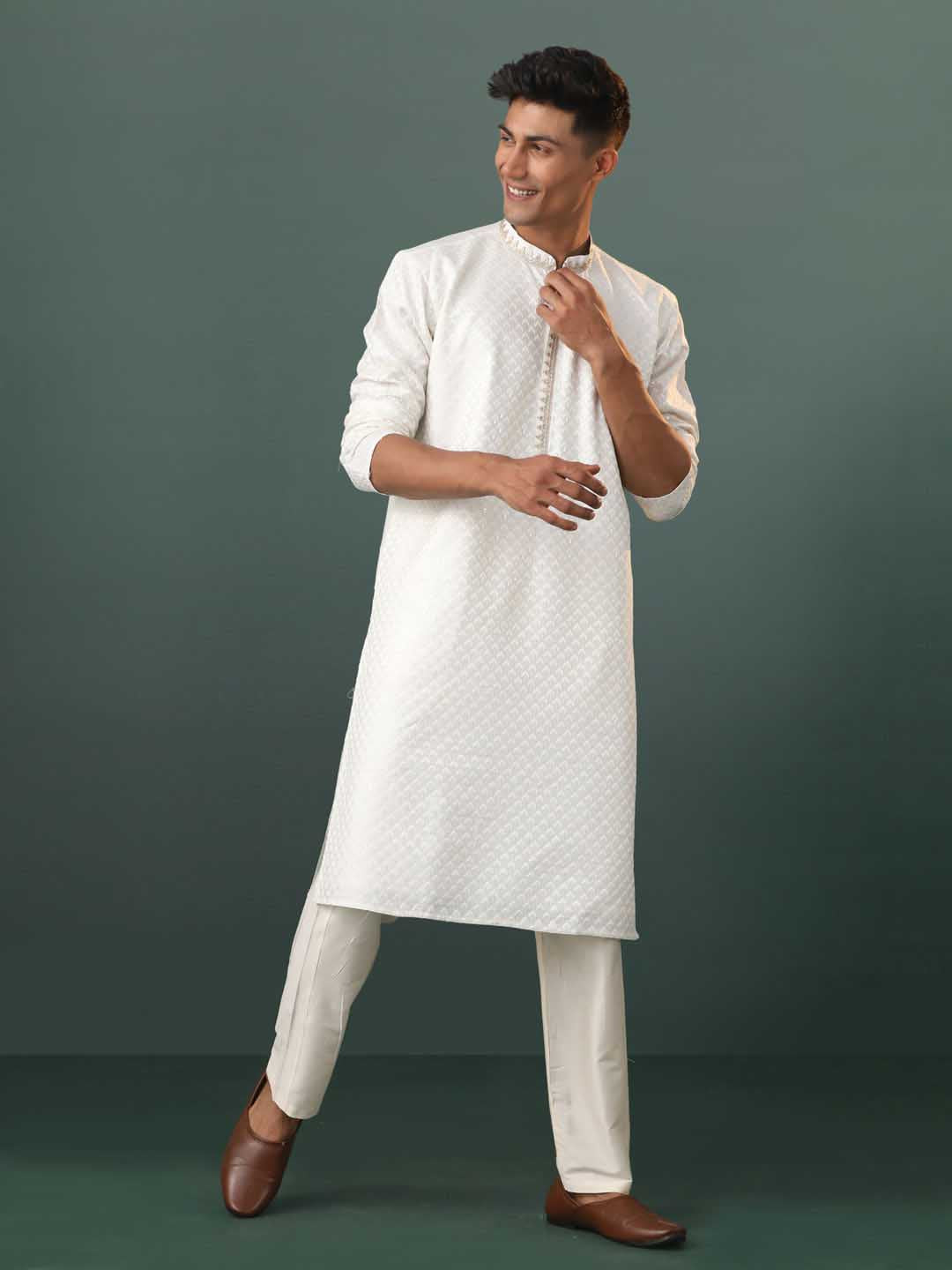 Vastramay Men's White Embroidered Cotton Blend Kurta Pyjama Set