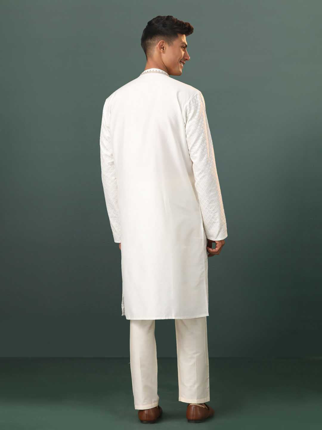 Vastramay Men's White Embroidered Cotton Blend Kurta Pyjama Set