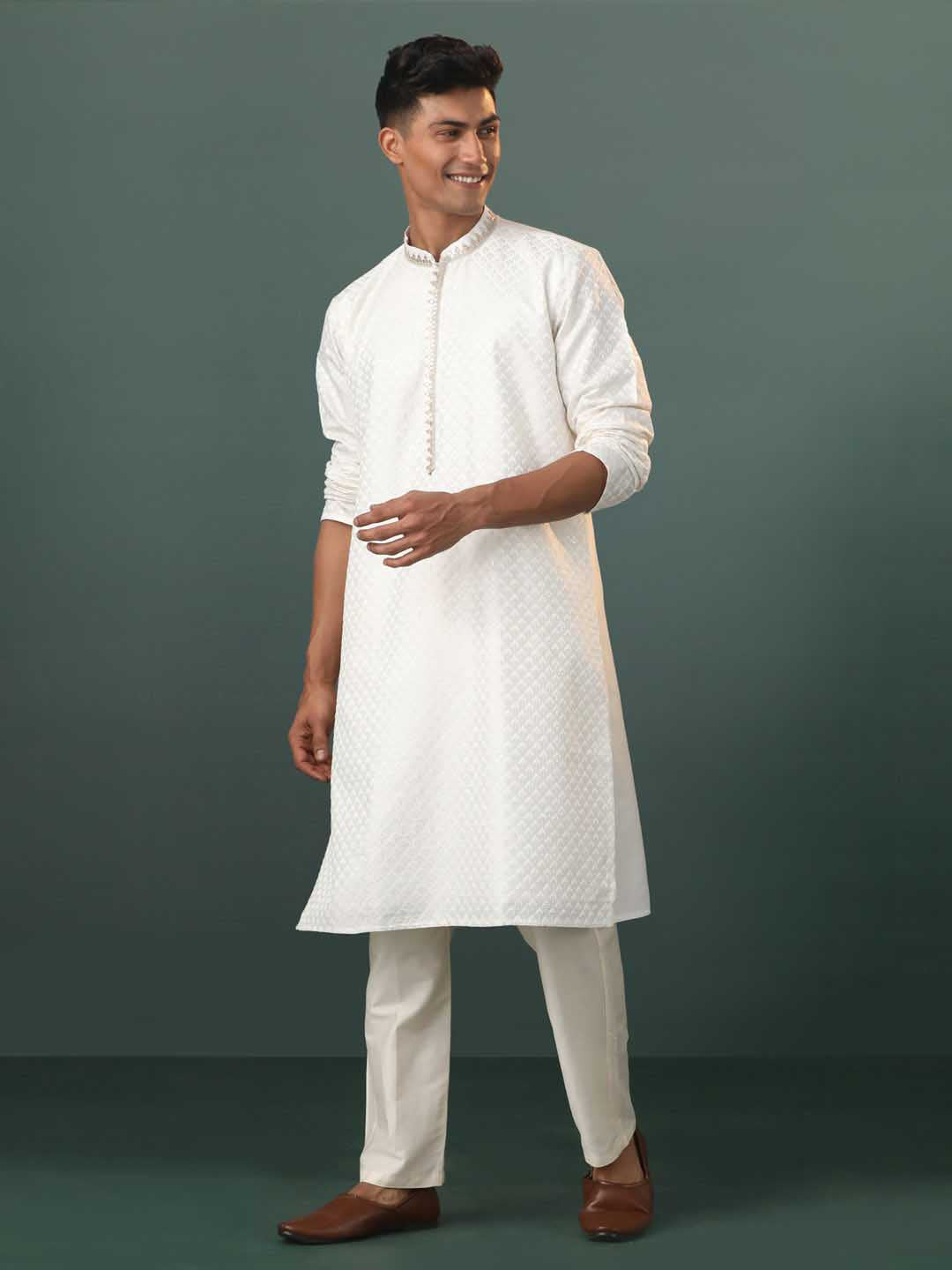 Vastramay Men's White Embroidered Cotton Blend Kurta Pyjama Set