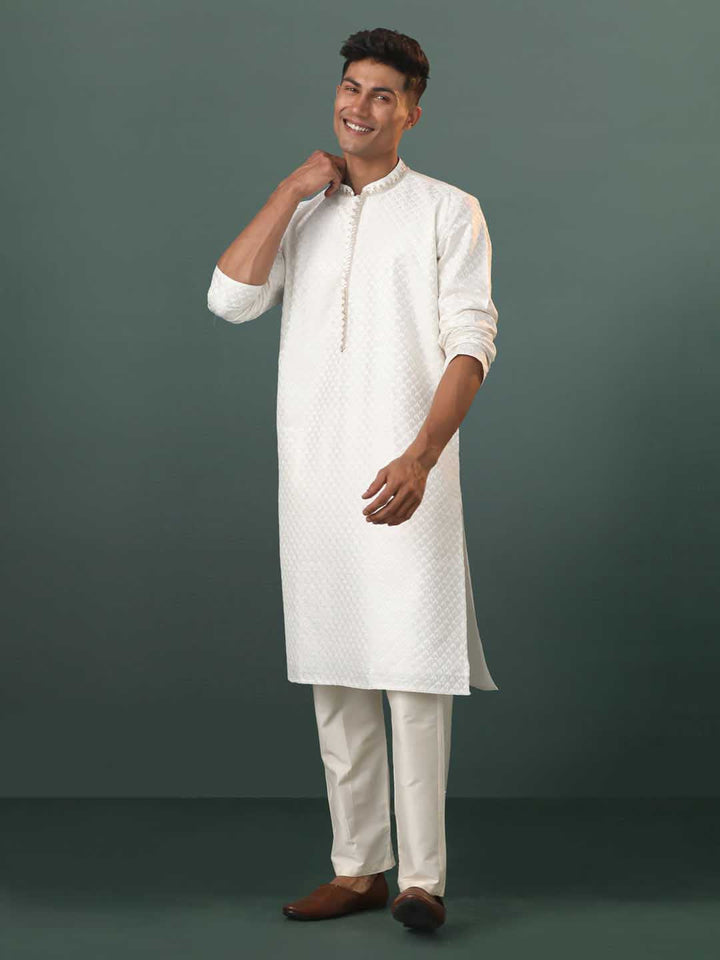 Vastramay Men's White Embroidered Cotton Blend Kurta Pyjama Set