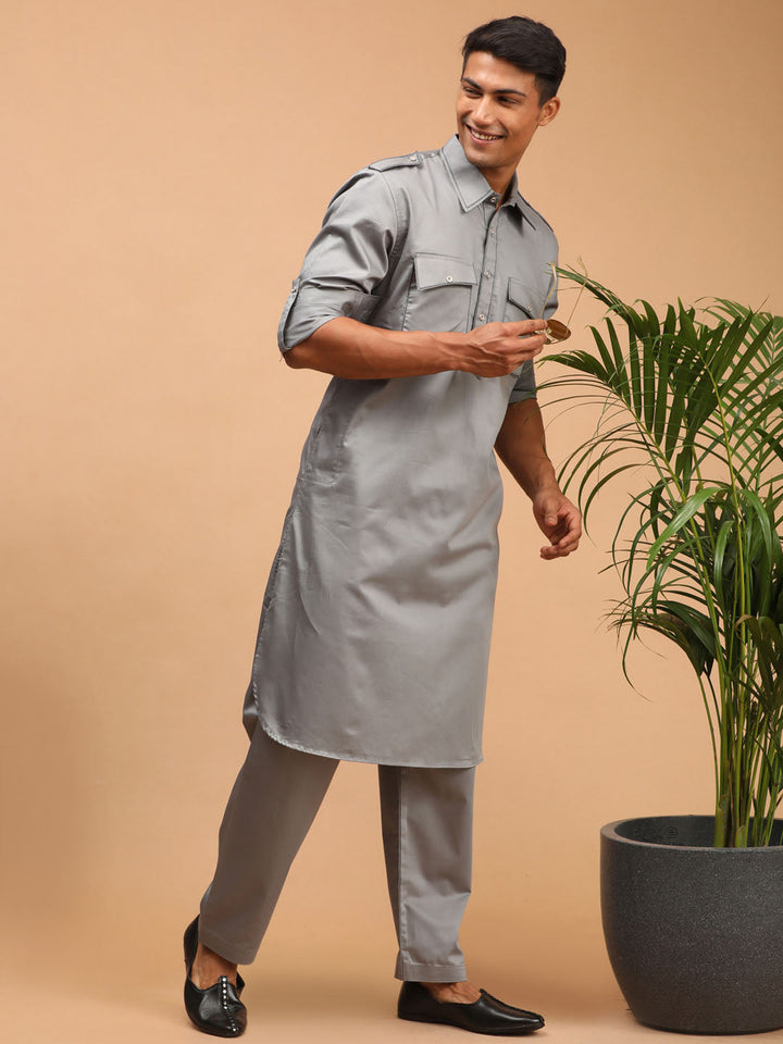 Vastramay Men's Grey Cotton Blend Pathani Suit Set