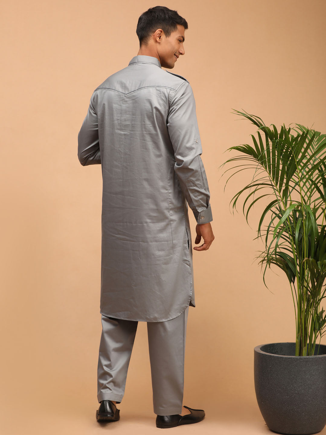 Vastramay Men's Grey Cotton Blend Pathani Suit Set