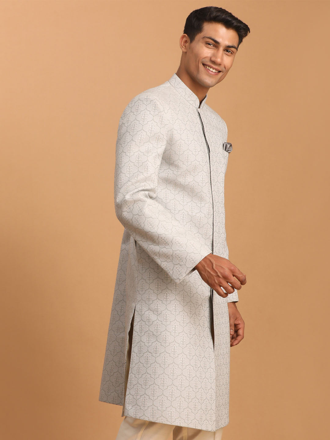 SHRESTHA By VASTRAMAY Men's Grey Jaccard Sherwani Only Top