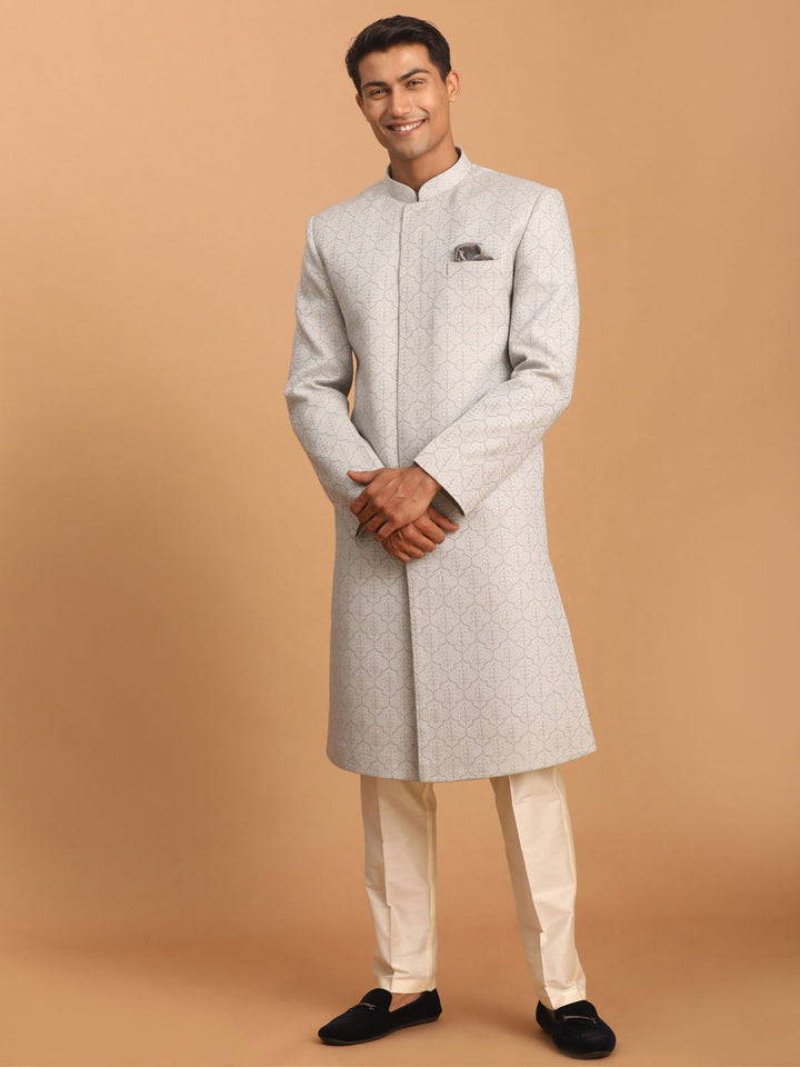 SHRESTHA By VASTRAMAY Men's Grey Jaccard Sherwani Only Top